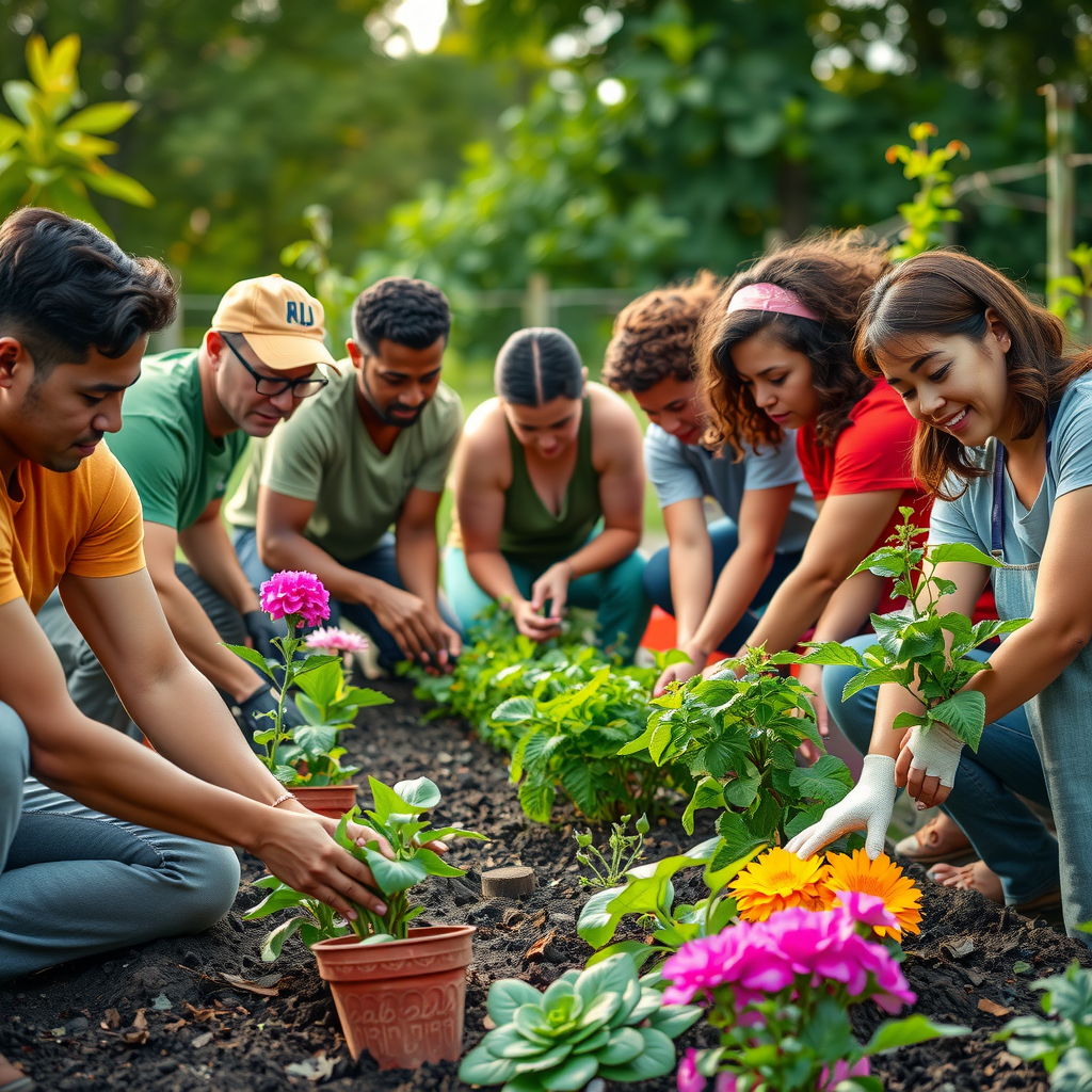Diverse group of volunteers working together in a community garden, planting flowers and vegetables, showing teamwork and social service in action