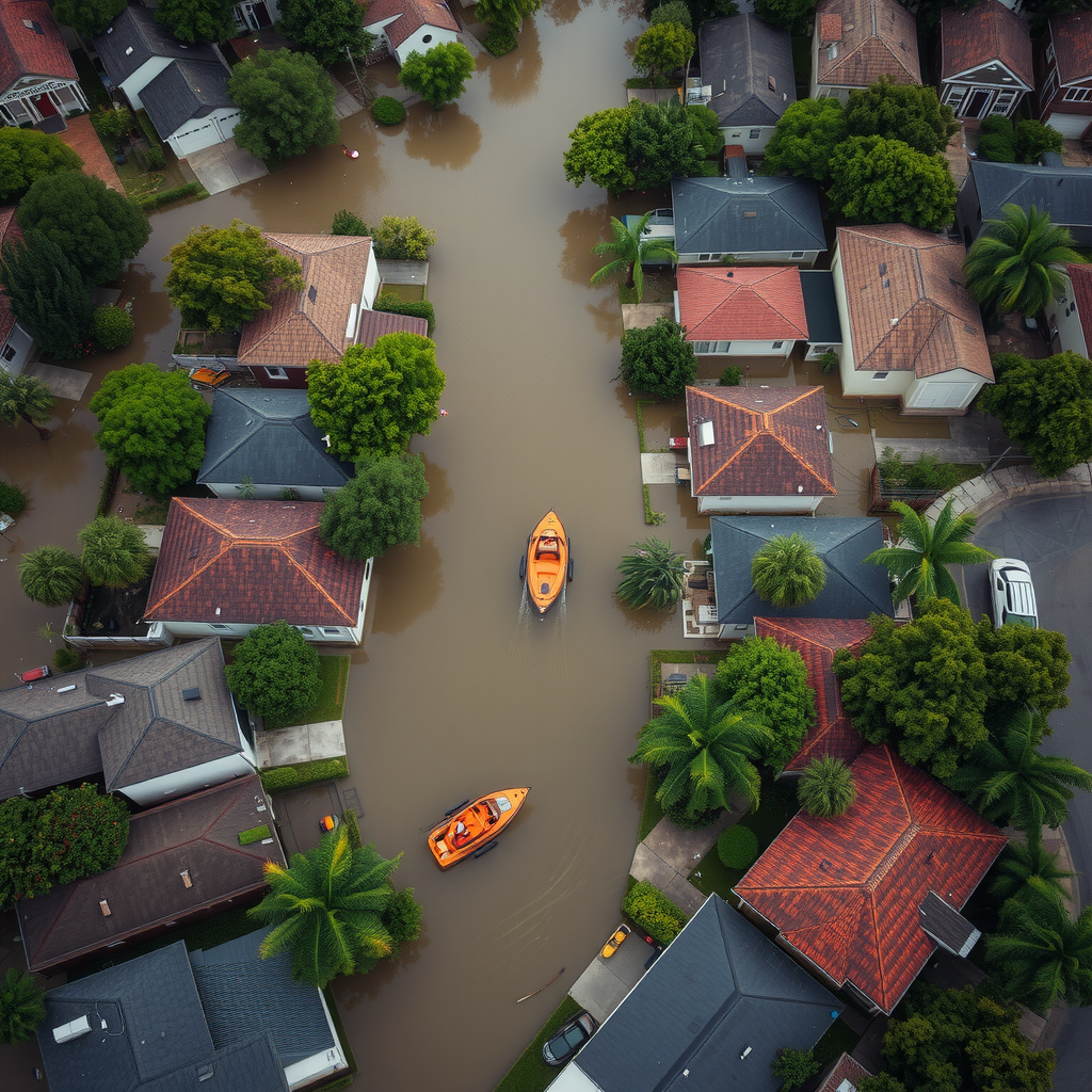 Aerial view of flooded residential neighborhood with rescue boats navigating between submerged homes and trees, showing the scale of disaster with water covering streets and yards