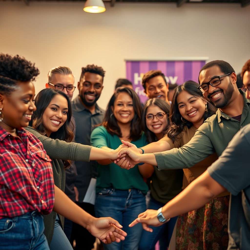 Diverse group of monthly donors smiling together at a community event, holding hands in a circle, representing unity and sustained commitment to social change