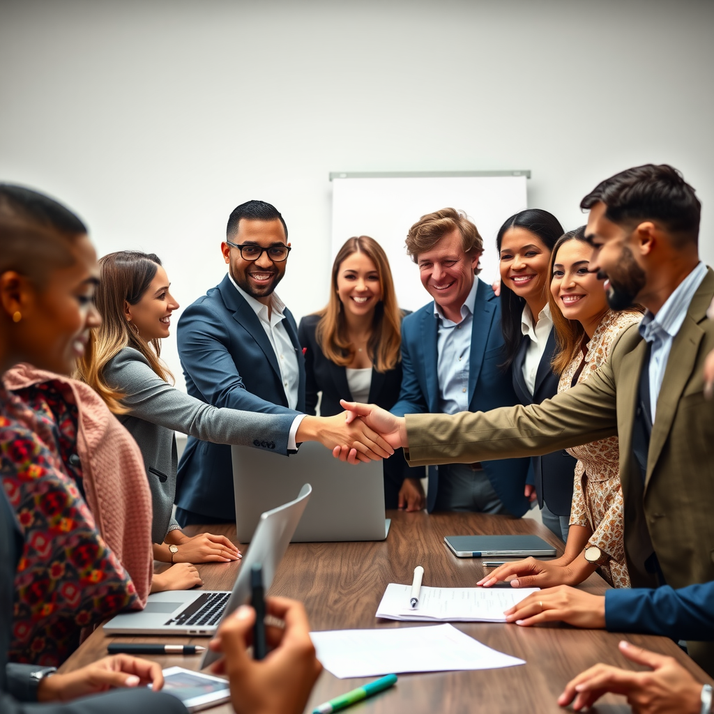 Diverse group of corporate professionals and nonprofit leaders shaking hands and collaborating around a conference table with laptops and partnership documents