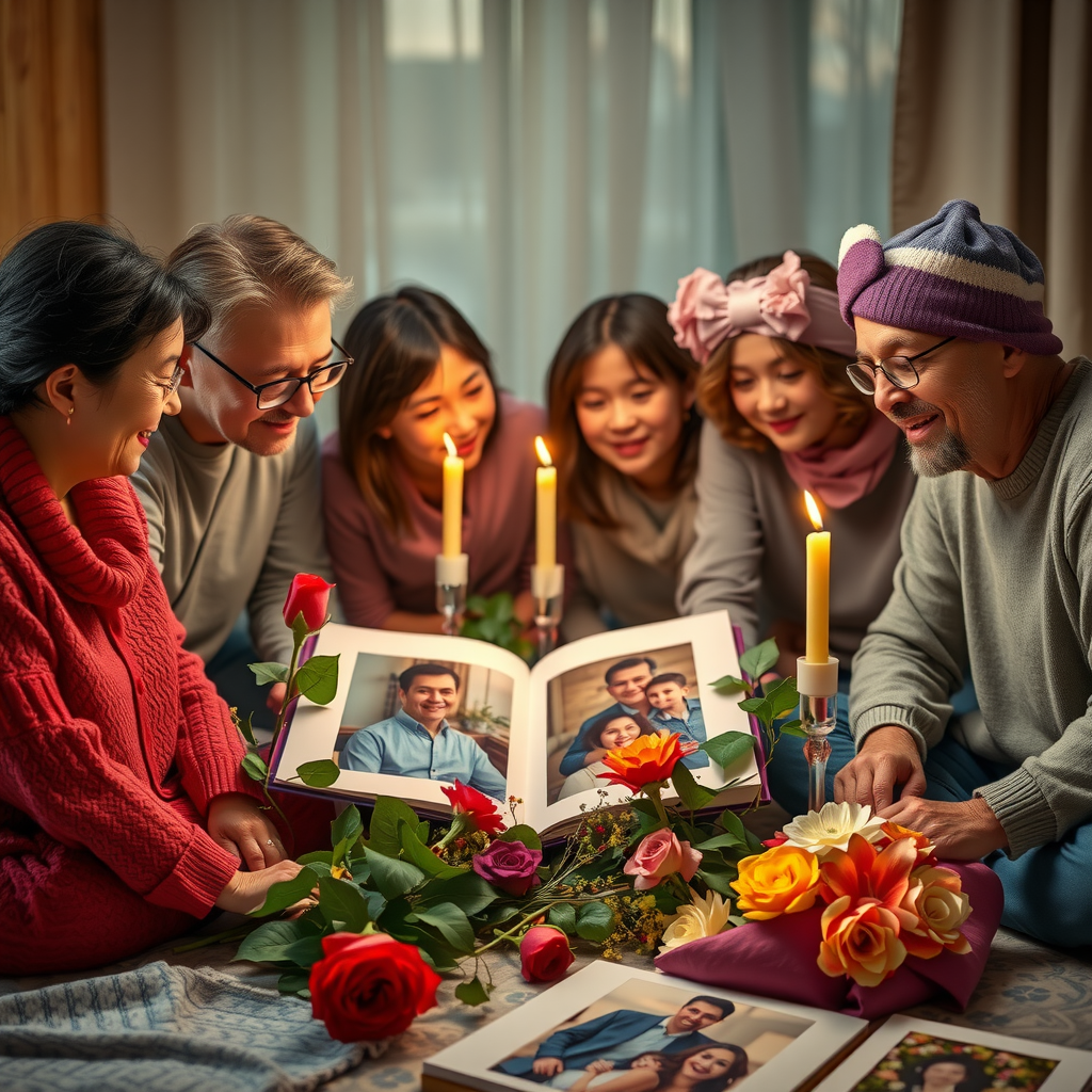 Family gathering around a memorial photo album with flowers and candles creating a warm remembrance atmosphere