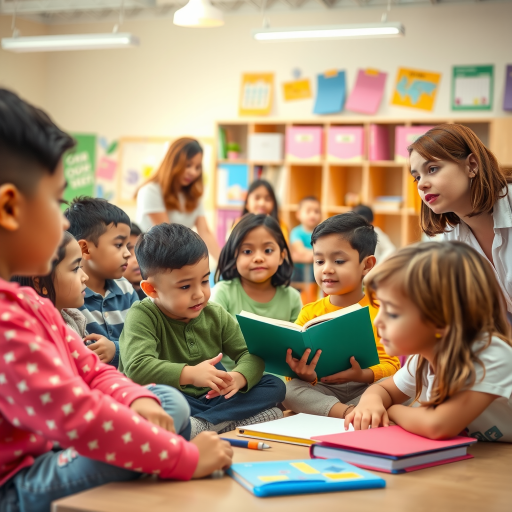 Children in a bright classroom engaged in learning activities with supportive teachers, showcasing educational programs and youth development initiatives