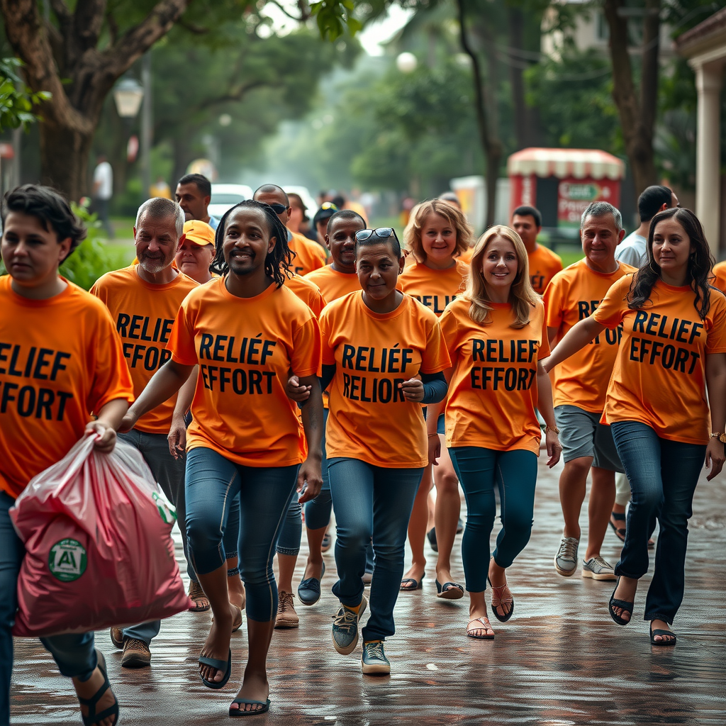 Volunteers wearing matching relief effort t-shirts forming a human chain to pass supplies and remove debris from flooded homes, showing community cooperation and determination