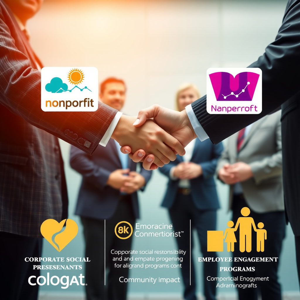 Business professionals shaking hands with nonprofit representatives, corporate logos and community impact graphics showing corporate social responsibility and employee engagement programs