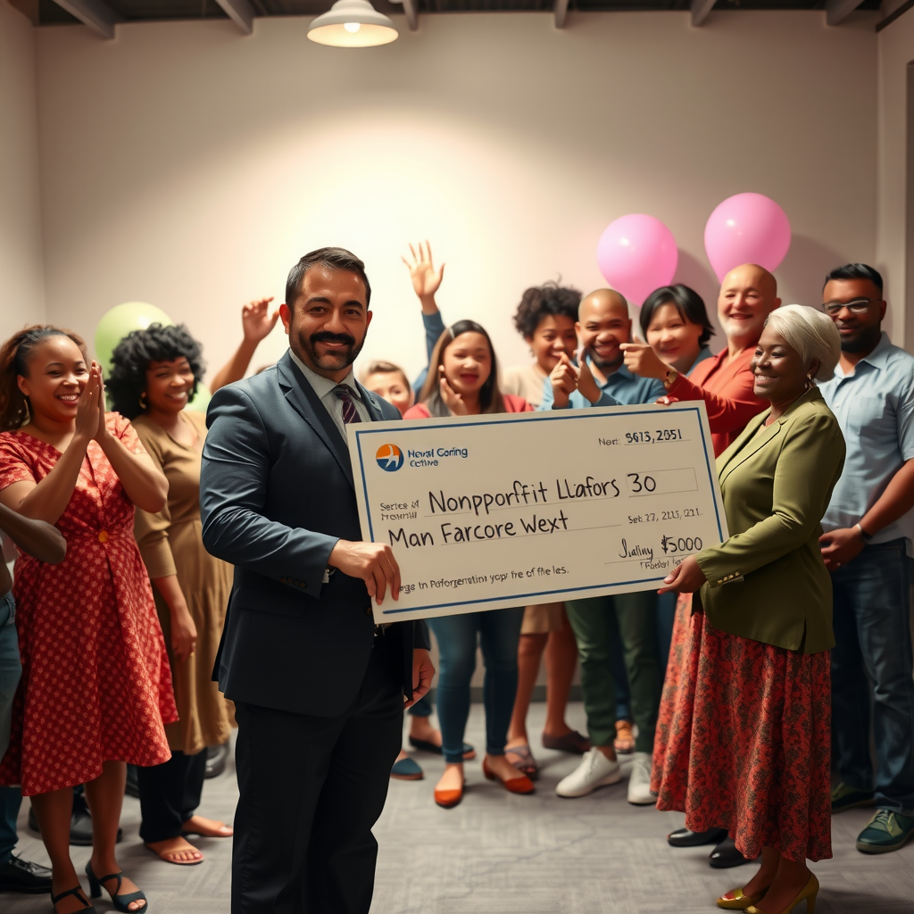 Corporate executive presenting oversized check to nonprofit organization representatives with community members celebrating in background