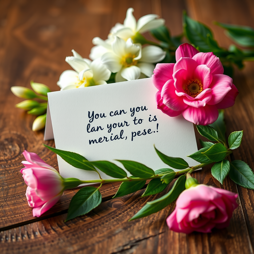 Elegant memorial card with handwritten note and fresh flowers on wooden table showing personal tribute message