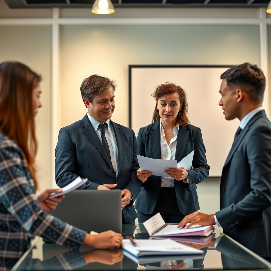 Business professional providing pro bono consulting services to nonprofit staff in modern office setting with laptops and documents