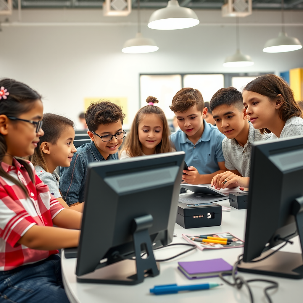 Students of various ages working collaboratively on desktop computers and tablets in a modern technology lab with bright lighting and contemporary furniture