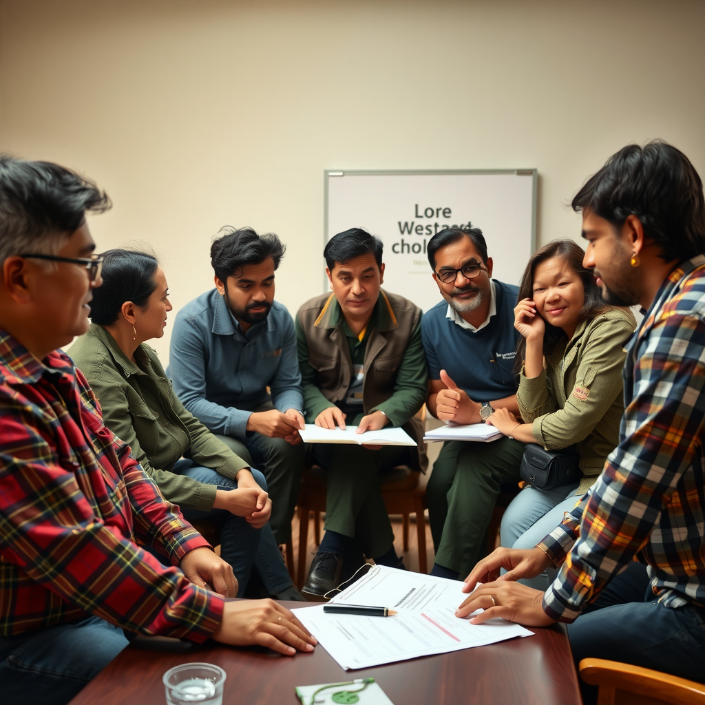 Diverse coalition meeting with environmental activists business leaders indigenous representatives and community members planning conservation strategy