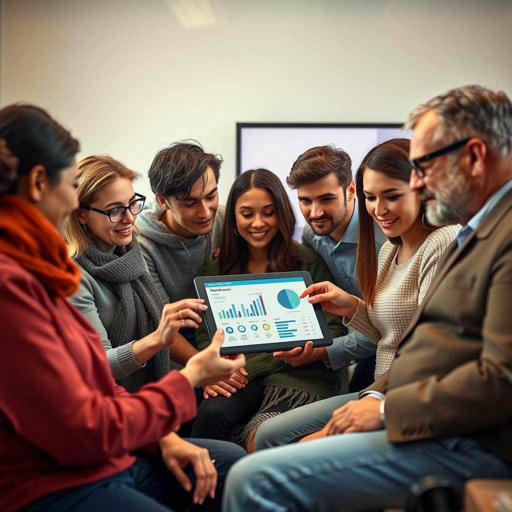 Diverse group of donors reviewing nonprofit impact report on tablet device showing graphs, charts, and success stories in comfortable meeting space