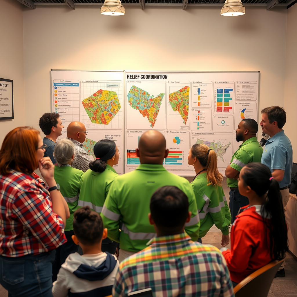 Community relief coordination meeting showing diverse group of volunteers and organizers gathered around large planning board with maps, schedules, and resource allocation charts