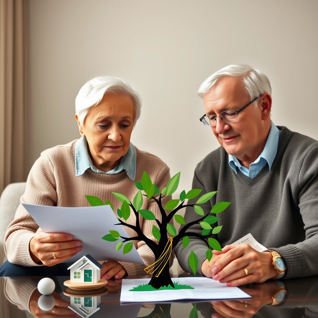 Elderly couple reviewing estate planning documents with advisor, family tree illustration and charitable trust symbols representing planned giving and generational philanthropy impact