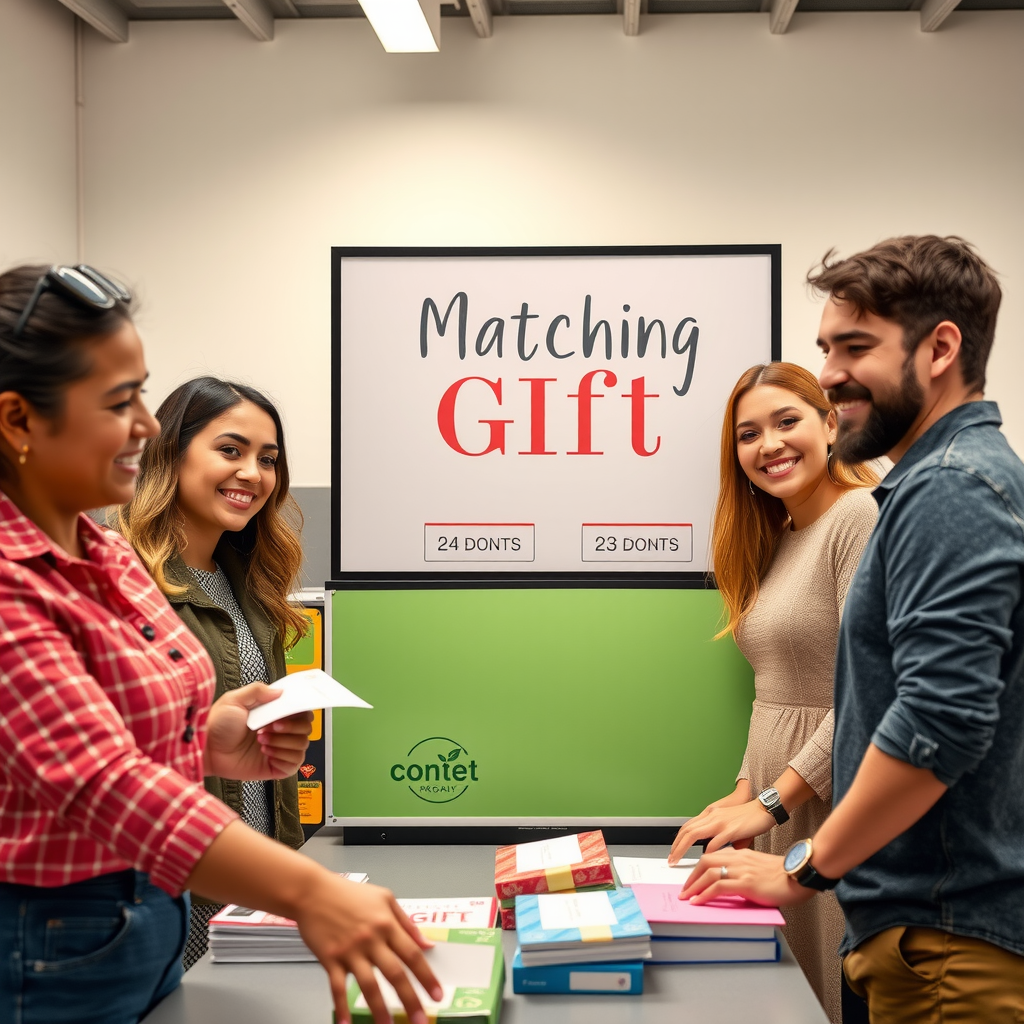 Happy employees making donations at workplace giving campaign with matching gift display board showing doubled contributions