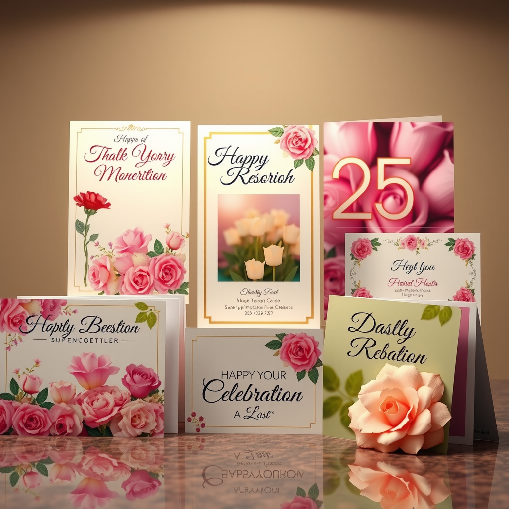 Collection of beautiful tribute notification cards displayed on desk with various designs for memorial and celebration occasions
