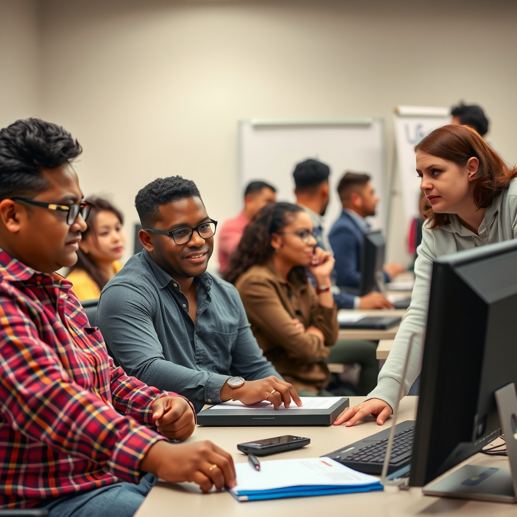 Adults participating in job training workshop, learning new skills with computers and professional instructors, representing economic empowerment programs