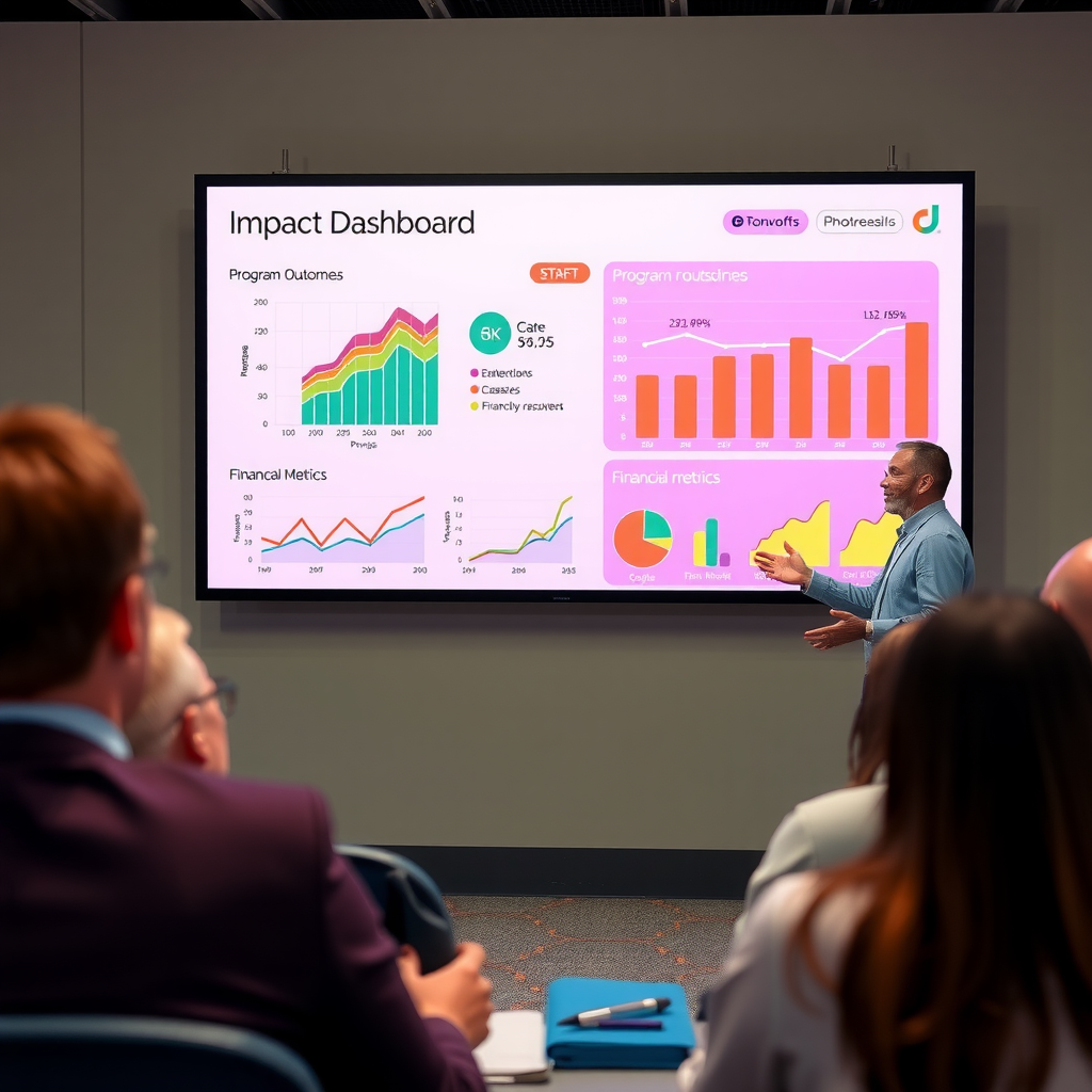 Nonprofit staff member presenting detailed impact dashboard on large screen showing program outcomes, beneficiary statistics, and financial metrics to engaged audience