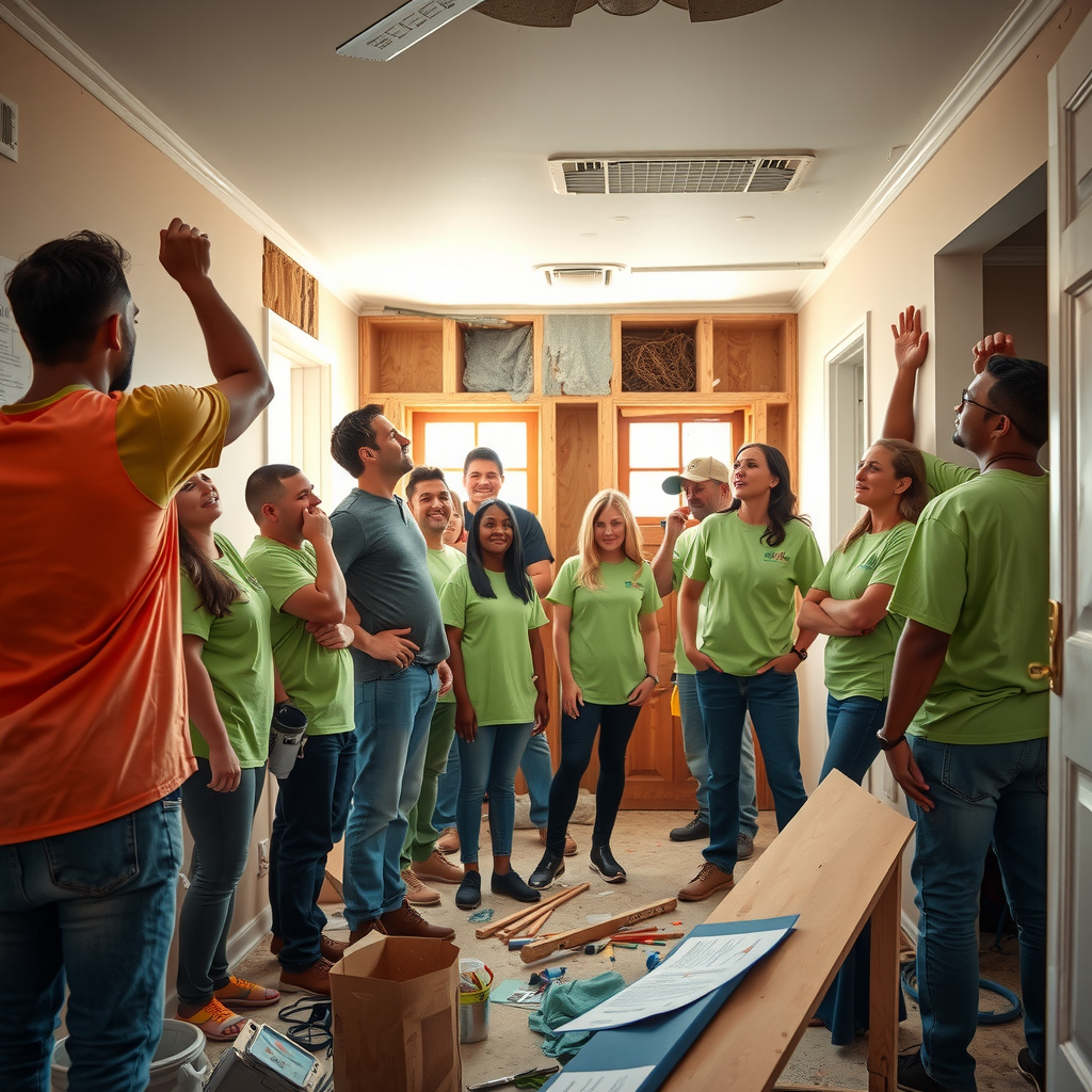 Diverse group of volunteers working together inside a home, installing new drywall, painting walls, and rebuilding flood-damaged interior with construction tools and materials visible