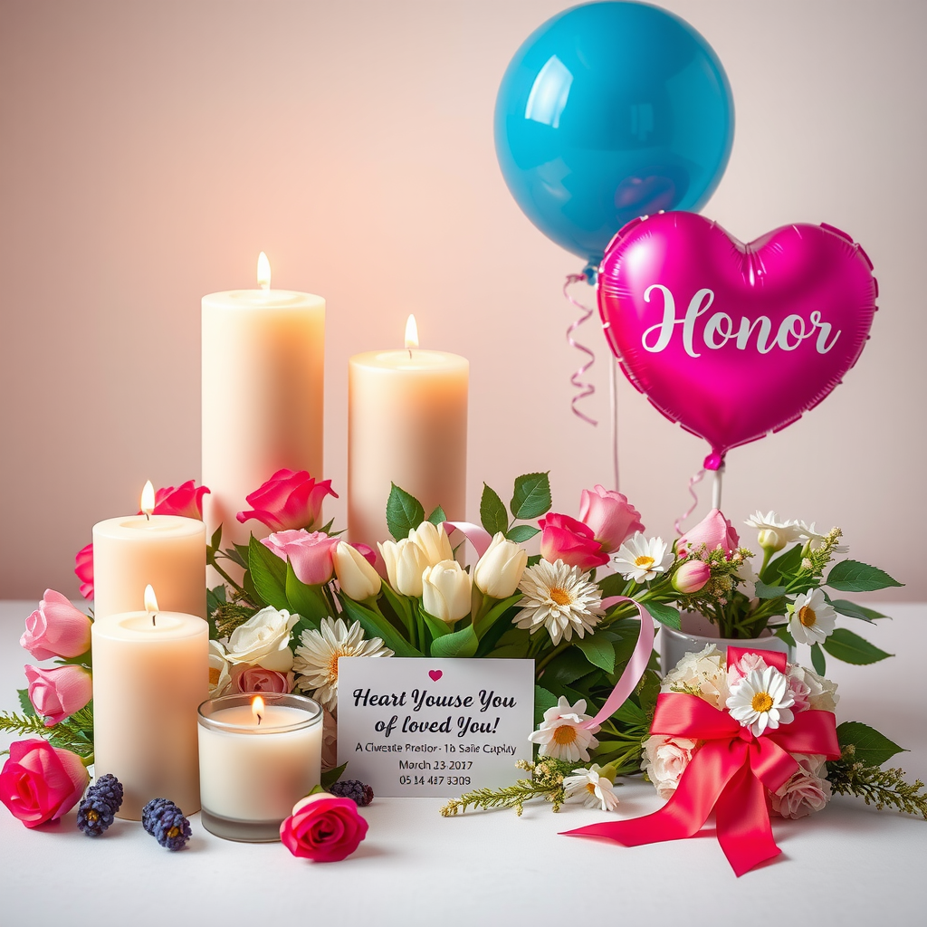 Memorial candles and flowers with personalized dedication cards, celebration balloons and honor ribbons representing tribute gifts made in memory or celebration of loved ones