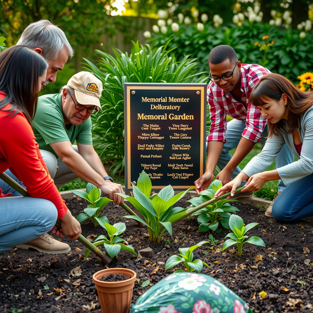 Community members planting memorial garden together with dedication plaque showing tribute donors names