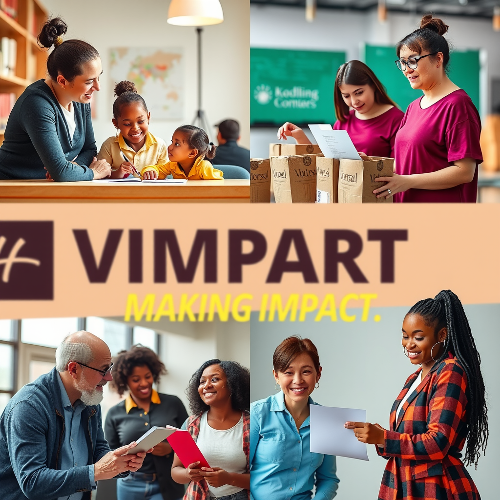 Collage showing volunteers making impact: tutoring children, organizing donations, providing professional services, and community members benefiting from programs