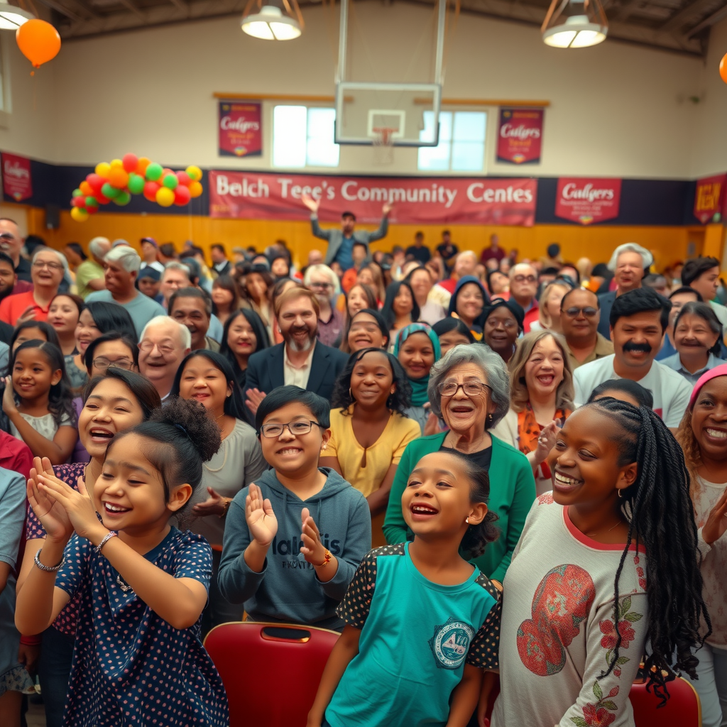 Large diverse group of community members celebrating in community center gymnasium, children and families smiling and clapping, colorful decorations and banners, joyful atmosphere
