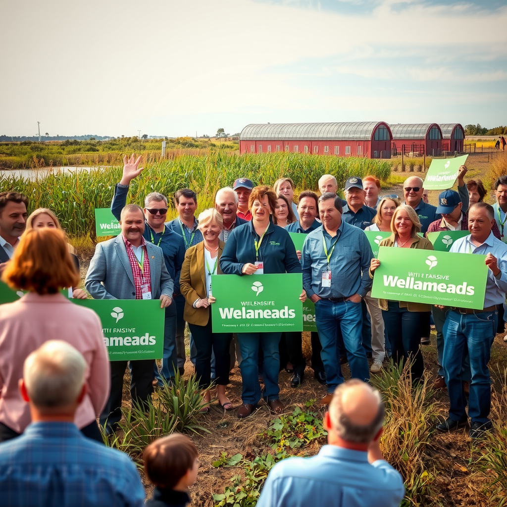Celebration event with campaign organizers donors and community members gathered at wetlands site holding signs and celebrating success