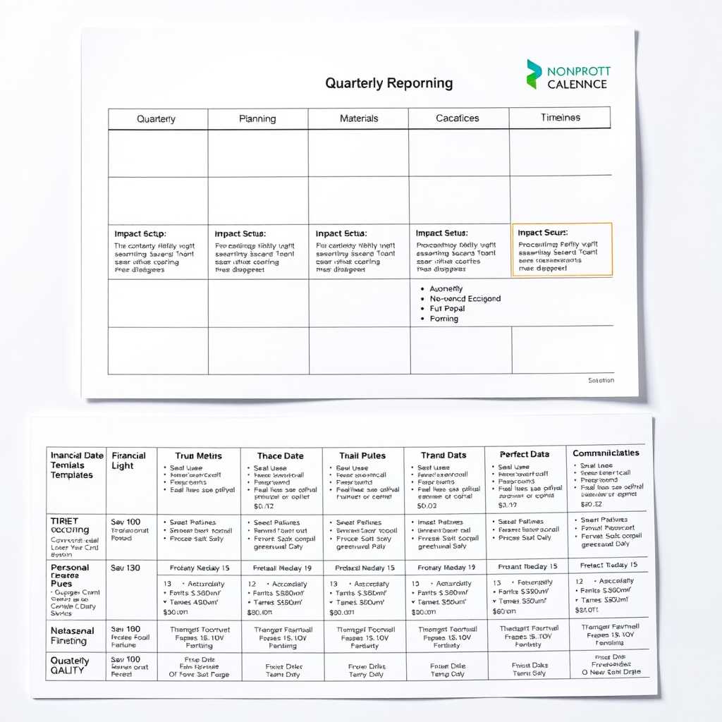 Calendar and planning materials showing quarterly reporting schedule with impact metrics, financial data templates, and communication timeline for nonprofit transparency