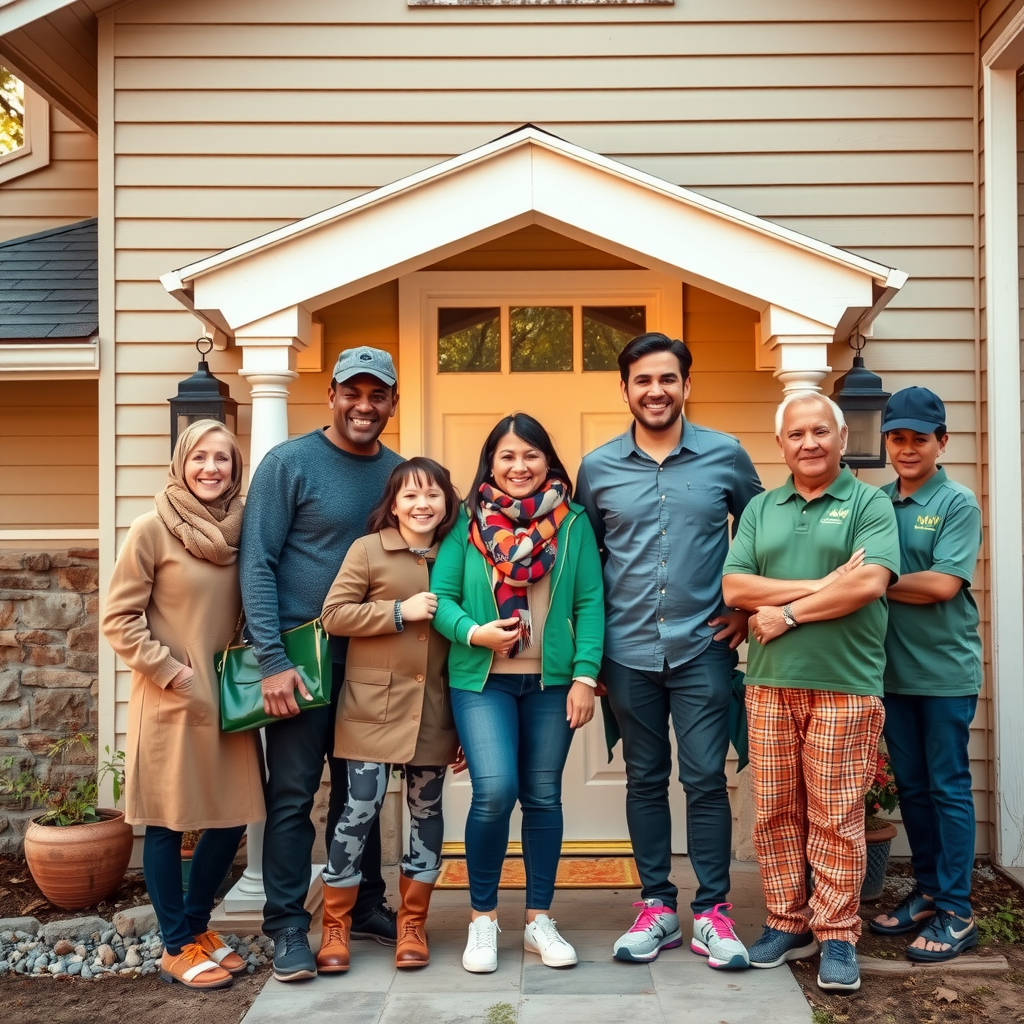 Smiling family of five standing in front of their newly restored home with a group of volunteers who helped rebuild, everyone celebrating the completion of reconstruction work