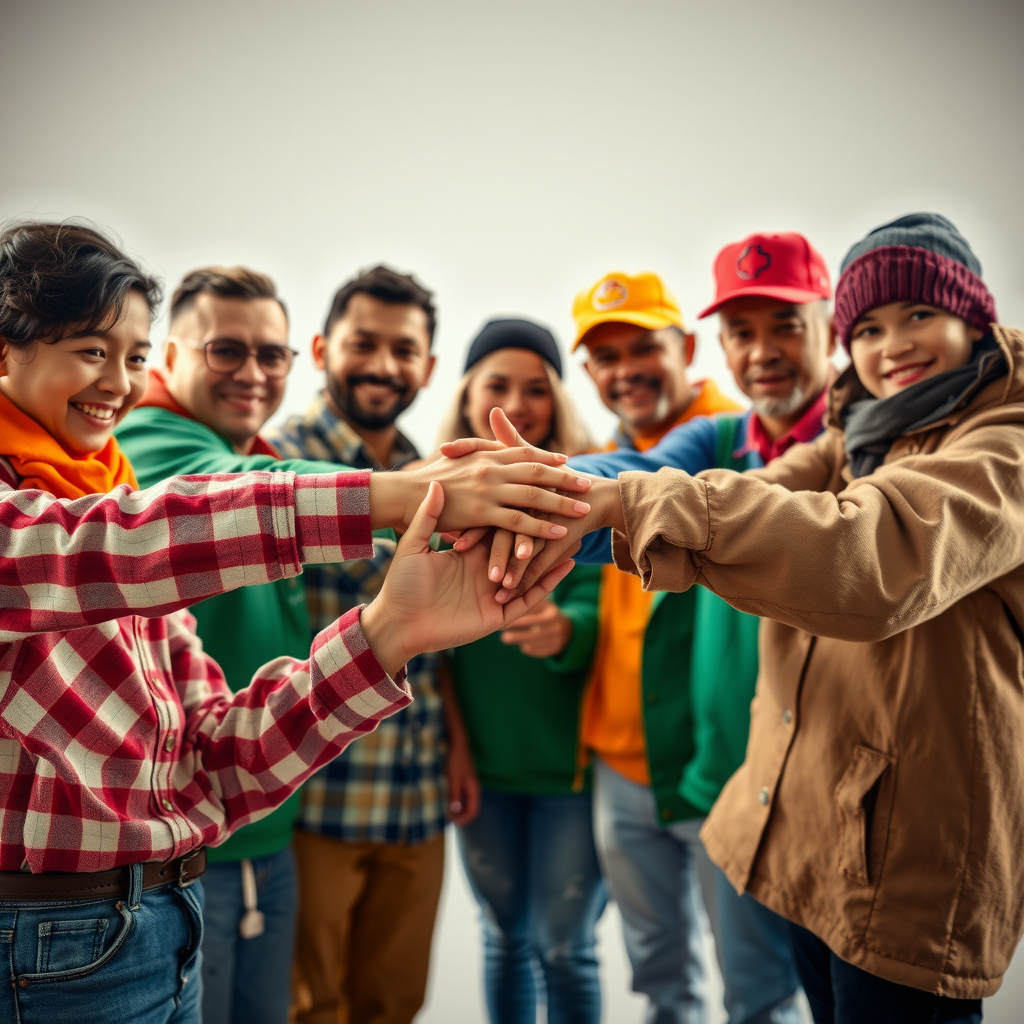Diverse group of volunteers working together on community projects, people donating goods and professional services, hands joining together symbolizing in-kind contributions and volunteer engagement