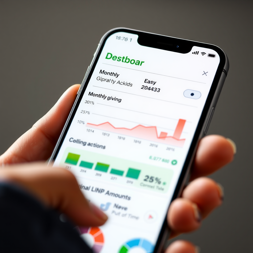 Smartphone screen showing user-friendly donor dashboard with monthly giving settings, impact tracking graphs, and easy options to adjust contribution amounts