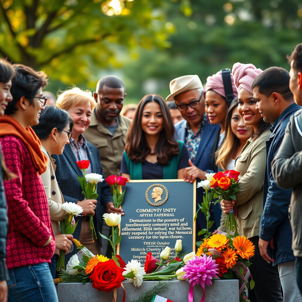 Diverse group of people at memorial dedication ceremony with flowers and commemorative plaque showing community unity