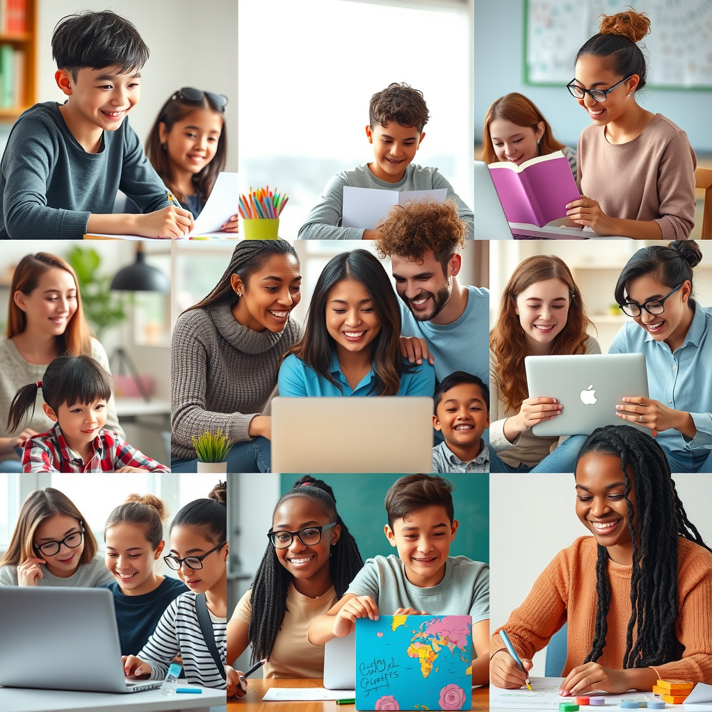 Collage of diverse young people engaged in various activities - studying, using computers, working on art projects, all showing engagement and joy, bright and hopeful composition