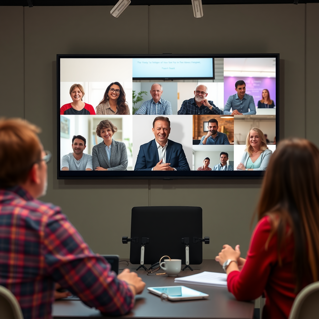 Virtual town hall meeting with nonprofit leadership answering donor questions via video conference, showing engaged participants and transparent communication
