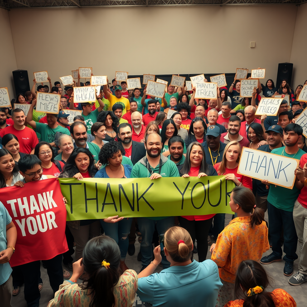 Large community celebration gathering with volunteers and residents together, holding thank you banners and signs, showing unity and gratitude after successful relief effort