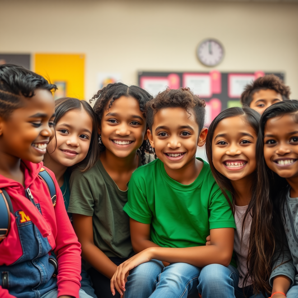 Smiling diverse group of young students participating in after-school programs at the Riverside Community Center, with mentors guiding them through educational activities and skills training workshops