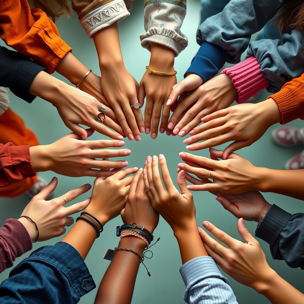 Diverse hands of different ages and backgrounds coming together in a circle, symbolizing unity, collaboration, and collective action for social good