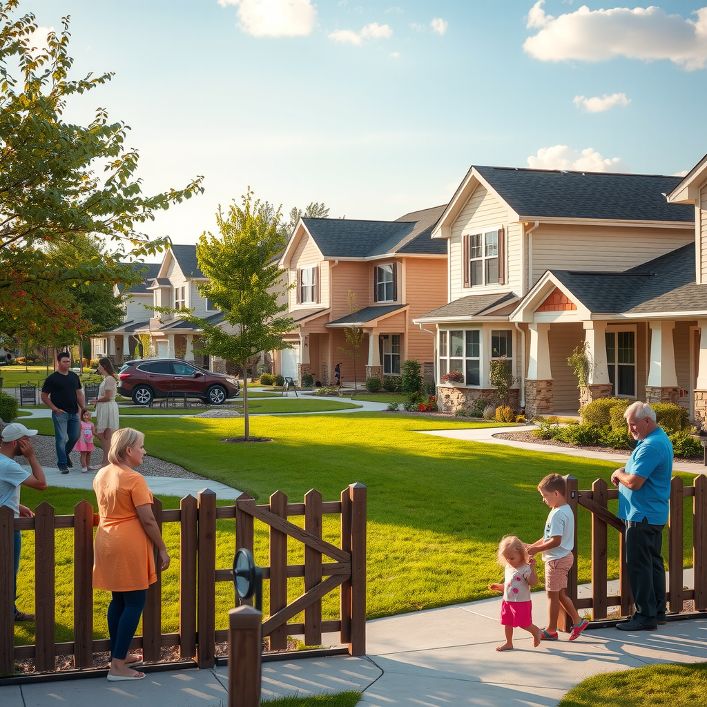 Beautiful restored neighborhood showing families outside their rebuilt homes, children playing in yards, neighbors talking over fences, demonstrating successful community recovery and return to normal life
