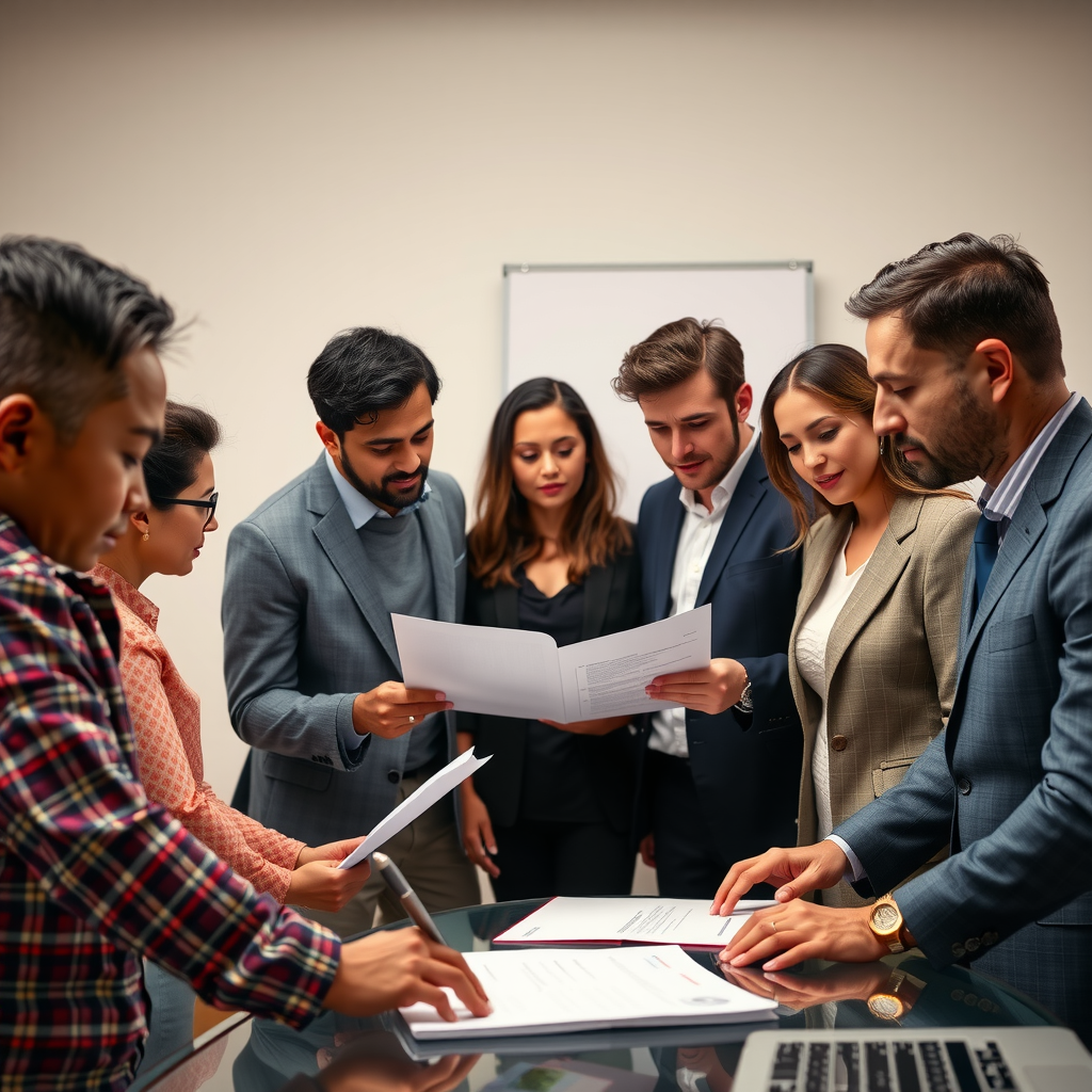 Corporate partnership team meeting with nonprofit staff reviewing partnership proposal documents and impact metrics