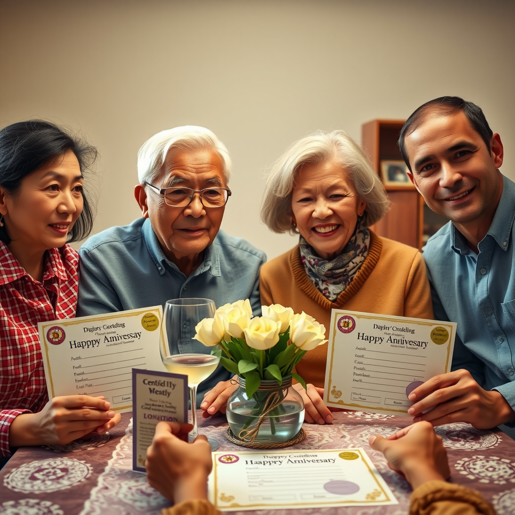 Elderly couple celebrating anniversary surrounded by family with donation certificates displayed on table